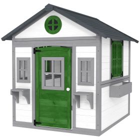 Wooden Playhouse for Kids Outdoor with Doors, Windows, Planter Pots and Boxes for Toddlers 3-8 Years, White