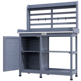 Wooden Potting Bench for Outdoor Use, Gray with Aluminum Table Top, Storage for Garden Tools & Plants