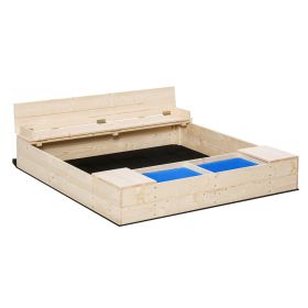 Kids Wooden Sandbox with Convertible Bench Seat, 2 Side Buckets, Waterproof Cover, and Storage Space