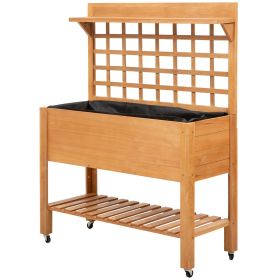 Garden Raised Bed with Shelf Wheels Wooden Planter Box for Vegetables Flowers Brown