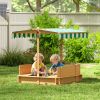 Covered Wooden Sandbox with Adjustable Canopy, Convertible Bench Seat, and Backrests, Bottom Liner, Natural Green