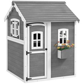 Kids' Wooden Playhouse, Outdoor with Floors, Doors, Windows, Planter Box for Ages 3-8, Backyard or Garden