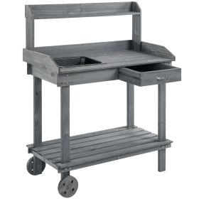 Potting Bench with Wheels Sink Drawer Storage Spaces Wooden Gray