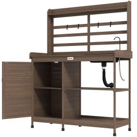 Wooden Potting Bench with Storage, Sink, Water Tap for Backyard, Patio, Balcony, Dark Brown
