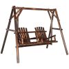 Adirondack Swing Chair Outdoor 2-Seat Freestanding Solid Wood with Center Table Carbonized