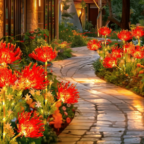 Red solar lantern with glowing flowers and stems, upgraded solar panels, solar lantern for outdoor garden decoration, courtyard decoration