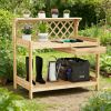 Garden Potting Bench Table Wooden Planting Workstation with Lattice Trellis for Hanging Ornaments or Supporting Vines