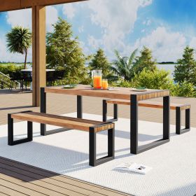 GO 3-pieces Outdoor Dining Table With 2 Benches, Patio Dining Set With Unique Top Texture, Acacia Wood Top & Steel Frame