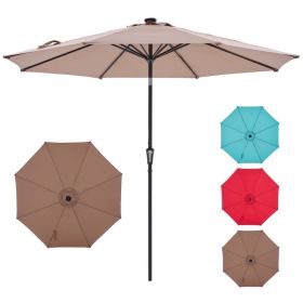 10 ft Patio Umbrella for Table, Outdoor Sun Umbrella with 32 LED Solar Lights, Khaki