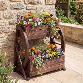 2-tier Raised Garden Bed Rustic Wood Wagon Planter with Drainage Holes and Semi-wheels
