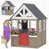 Outdoor Playhouse, Wooden Kids Playhouse with Dog Door, Flower Box, Cookware & Window for Garden Ages 2+, Gray