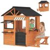 Wooden Kids Playhouse with Play Kitchen, Picnic Bench, Serving Station, Windows and Door for Backyard, Ages 3Ã¢â‚¬'8, Brown