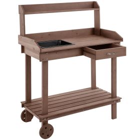 36" Wooden Potting Bench Work Table with 2 Removable Wheels, Garden Workstation with Removable Sink, Drawer & Large Storage Spaces, Brown