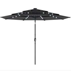 9.7 ft Outdoor Patio Umbrella with Solar LED Lights, 3 Tier Outdoor Table Umbrella with Tilt, Crank, Black