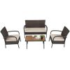 4 Pieces Patio Cushioned Wicker Conversation Set with Acacia Wood Tabletop