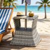 2 Tier Rattan Wicker Outdoor Side Table with Umbrella Hole All Weather Mixed Gray Patio Garden Backyard End Table with Storage Shelf
