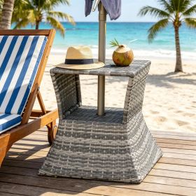 2 Tier Rattan Wicker Outdoor Side Table with Umbrella Hole All Weather Mixed Gray Patio Garden Backyard End Table with Storage Shelf