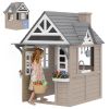 Outdoor Playhouse, Wooden Kids Playhouse with Dog Door, Cookware, Planter Box, Bell, Blackboard, Clock for Backyard