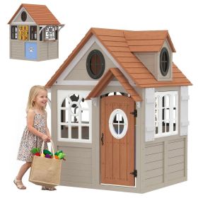 Outdoor Playhouse, Wooden Kids Playhouse with Dog Door, Cookware, Blackboard, Clock, Tic-Tac-Toe Roller for Backyard