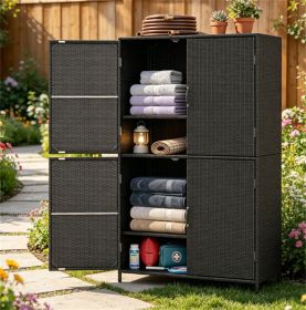 Outdoor PE Rattan Storage Cabinet with Adjustable Shelves, Anti-Tip Garden Tool Storage Shed for Patio Backyard Poolside-Black