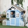 Outdoor Wooden Kids Playhouse, Fir Wood Pretend Play Cottage with Fence Hedges Service Station and Flowerpot Holders