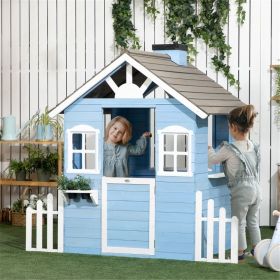 Outdoor Wooden Kids Playhouse, Fir Wood Pretend Play Cottage with Fence Hedges Service Station and Flowerpot Holders
