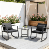 3-Piece Outdoor Rocking Bistro Set with Soft Cushions And Tempered Glass Table for Garden Patio Coffee