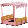 Wooden Sandbox with Cover, Kids Sandbox Outdoor with Seat, Bottom Liner, Canopy for Ages 3-6, Flamingos Print, Pink