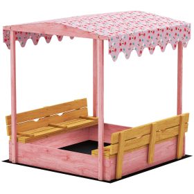 Wooden Sandbox with Cover, Kids Sandbox Outdoor with Seat, Bottom Liner, Canopy for Ages 3-6, Flamingos Print, Pink