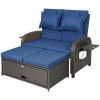 Patio Rattan Daybed, Wicker Outdoor Daybed with Storage Ottoman, Loveseat w/ Adjustable Backrest, Side Tables, Navy Blue