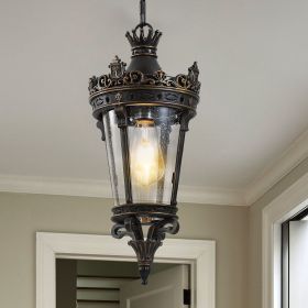18"(H) Antique Crown Outdoor Hanging Lantern, Waterproof Vintage Pendant Light with Ornate Metal Design and Clear Glass for Patio, Garden, Porch