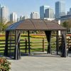 Grey 10'X 13' Hard Top Pavilion with Curtains and Grid Steel Roof Ceiling Courtyard Outdoor Entertainment Area
