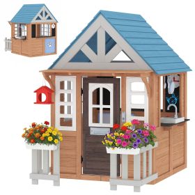 Wooden Kids Playhouse with Pet Door, Play Kitchen, Mailbox, Doorbell, Birdhouse, Fence and Windows for Pretend Play