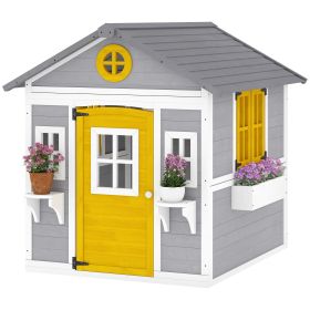 Wooden Playhouse for Kids Outdoor with Doors, Windows, Planter Pots and Boxes for Toddlers 3-8 Years, Gray