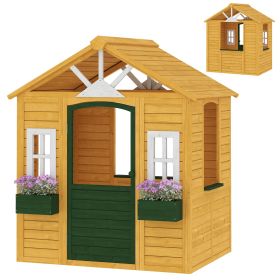 Outdoor Playhouse, Wooden Kids Playhouse with Door, 3 Windows, 2 Flower Boxes for Garden, Indoor Playroom, Ages 3â€'8