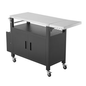 Outdoor Grill Cart with Storage Cabinet, 55.1 Inch Grill Table, Waterproof Kitchen Island with Stainless Steel Top, Shelf, and Wheels