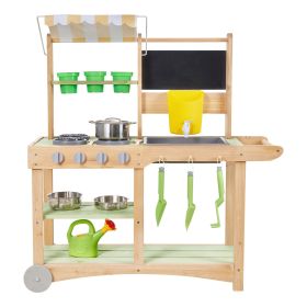 Mud Kitchen, Outdoor Mud Kitchen for Kids, Wood Outdoor Play Kitchens with Spoons, Sink, Sunshade Canopy, Swivel Wheels, Cookware Pots and Accessories