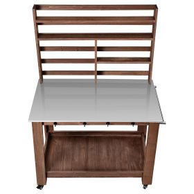 Potting Bench Table, Outdoor Gardening Workstation with 45 x 26 in Stainless Steel Tabletop, Storage Shelves, 4 Casters, Hooks