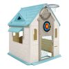 Outdoor Playhouse, 5-In-1 Cottage Play House with Pretend Play, Basketball, Darts, Soccer, Ring Toss, Window & Convenient Door