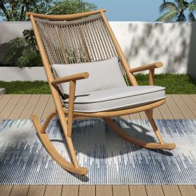 Outdoor Rocking Chair â€“ Sturdy Iron Frame in Maple Finish, Gray PE Rattan Backrest & Light Gray Cushion