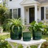Handmade Green Glazed Ceramic Planter Set of 3, 10" 8" 6" Diameter, Square Grid Pattern, for Succulents & Herbs Indoor/Outdoor Shelf & Table Use