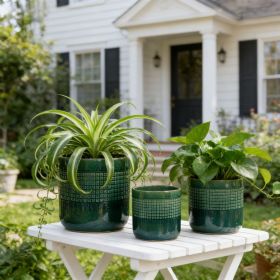 Handmade Green Glazed Ceramic Planter Set of 3, 10" 8" 6" Diameter, Square Grid Pattern, for Succulents & Herbs Indoor/Outdoor Shelf & Table Use
