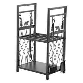 Indoor Firewood Rack, 1.3 ft 2-Tier Firewood Holder with Fireplace Tools, Brush, Shovel, Poker, Tongs, Heavy Duty Log Wood Rack