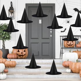 12 PCS Halloween Decorations Witch Hat Costume Accessory, Thickened Hanging Black Wizard Hats Bulk for Women Kids with Rope