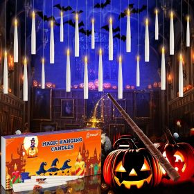Floating Candles with Wand Remote, 20 Pcs Magic Halloween Hanging Candles, Flickering Warmer Light Flameless LED Candles with DIY Sticker