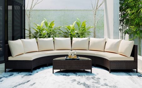 TOPMAX 5 Pieces All-Weather Brown PE Rattan Wicker Sofa Set Outdoor Patio Sectional Furniture Set Half-Moon Sofa Set with Tempered Glass Table, Beige