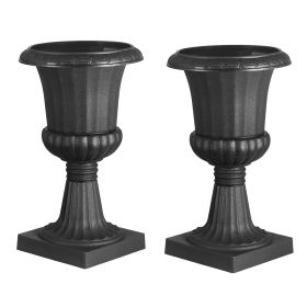Plastic Urn Planters, 9.8 x 16.5 Inch, 2 Pack Black Classic Flower Pots Front Porch Planters, Indoor & Outdoor Vase for Wedding, Party, Event, Home