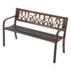 Outdoor Bench, 50 inch, Carbon Steel Metal Frame with PVC Floral Pattern Backrest and Round Edge Armrests, Weatherproof Outside Bench for Patio