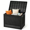 25 Gallon Outdoor Deck Box, Weatherproof PP Storage Chest with Rattan Texture, Lockable Patio Organizer Box as Side Table Extra Seat - Black