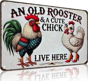 Funny Gifts for Women Chicken Lovers Farm Enthusiasts An Old Rooster And A Cute Chick Live Here Chicken Tin Sign for Chicken Coop Farm Kitchen Garden